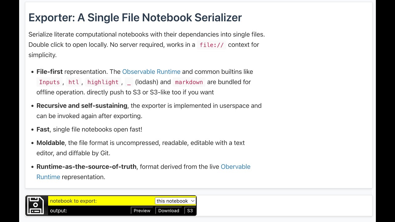 Export Observable notebooks as single self-sustainable offline files.