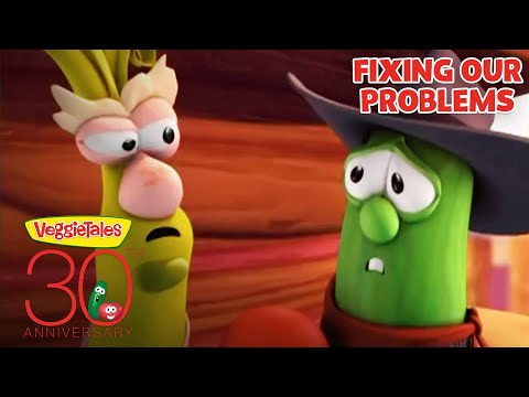 Two VeggieTales characters in a tense conversation on a VeggieTales 30th anniversary thumbnail saying 'Fixing Our Problems'.