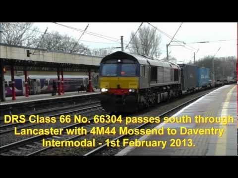 DRS Class 66 No 66304 At Lancaster With 4M44 Intermodal Train - 1st Feb 2013.m2ts