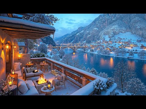 Cozy Winter Terrace Escape | Smooth Jazz, Warm Fireplace, and Stunning Snowy Mountain Views by Night