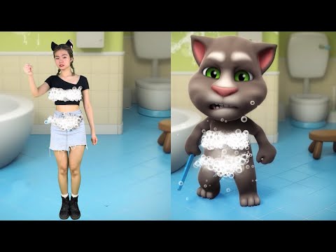 Imitate Tom Cat Take a Bath And Play Soccer - My Talking Tom Real Life 👉 @dakotandcheyanna