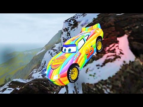 🌈Rainbow McQueen Car Snow Mountain Cliff Fall Testing Ep. 1 - GTA IV Car Mod