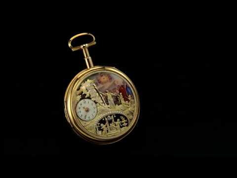 Goldemail-Taschenuhr mit Automatenszene "Moses" / Gold enamel pocket watch "Moses"