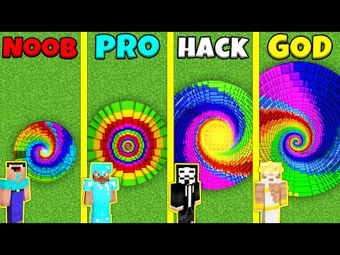 Minecraft Battle: NOOB vs PRO vs HACKER vs GOD: RAINBOW TUNNEL PIT HOUSE BUILD CHALLENGE / Animation