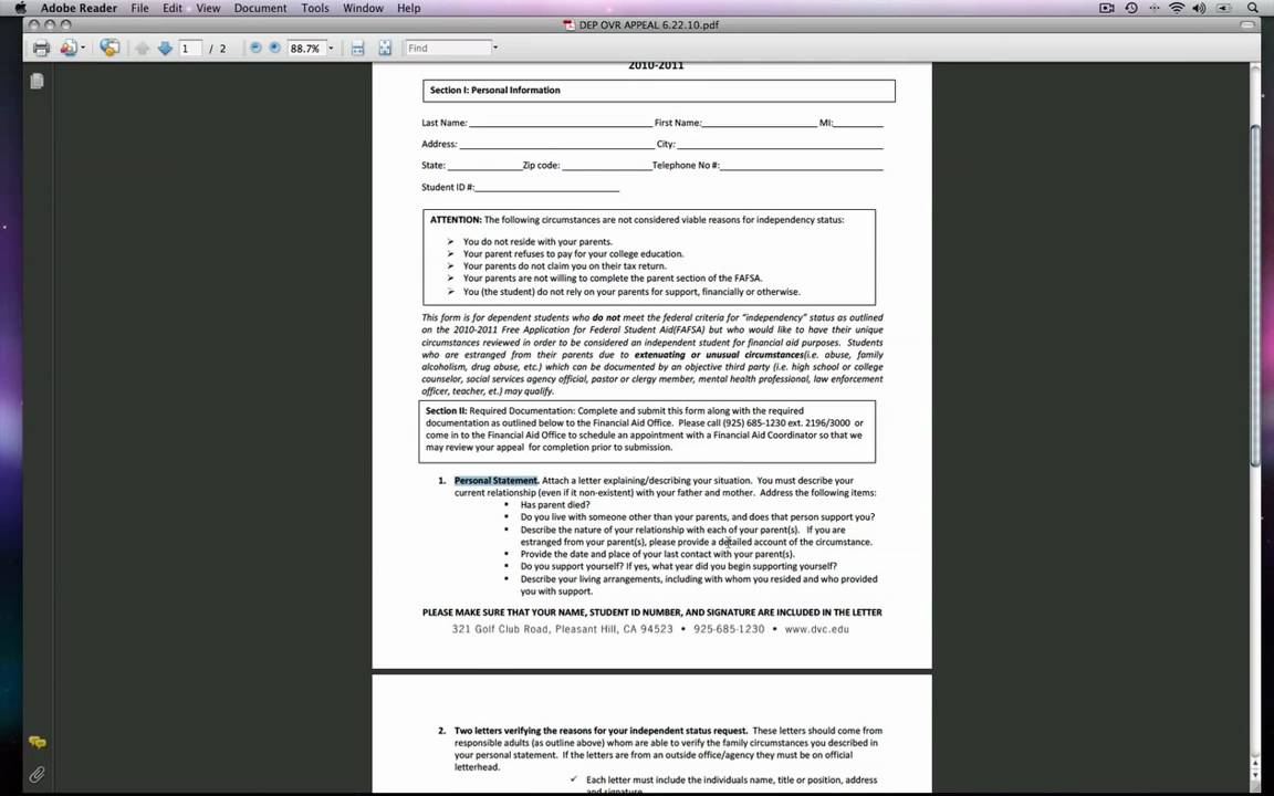 DVC Financial Aid Dependency Override Appeal