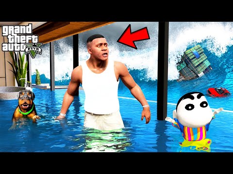 Franklin's House Destroyed by Giant Tsunami in GTA 5 | SHINCHAN and CHOP