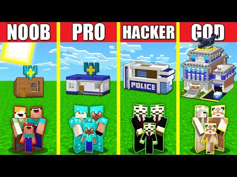 Minecraft Battle: POLICE STATION HOUSE BUILD CHALLENGE - NOOB vs PRO vs HACKER vs GOD / Animation