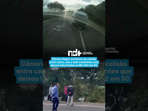 Câmera flagra momento de colisão entre carro, van e dois caminhões que deixou três feridos na BR-282