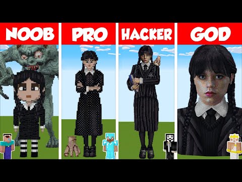 Minecraft REAL LIFE WEDNESDAY STATUE HOUSE BUILD CHALLENGE - NOOB vs PRO vs HACKER vs GOD