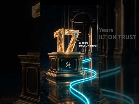 Gold 17 anniversary sculpture on a black pedestal with SA signature, framed by blue light trails and the words 17 Years Built on Trust