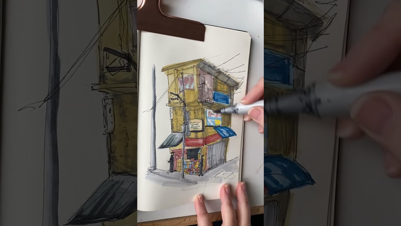 Alcohol Marker and Ink Urban Sketch Daily #artshorts #markerart #sketch