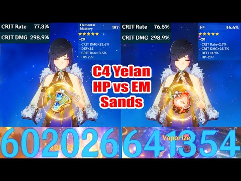 Assassin Yelan C4 640k DMG Per Skills Showcase - HP Sands vs EM Sands Comparison