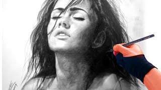 Beautiful Megan Fox charcoal speed drawing Art video - ThePortraitArt