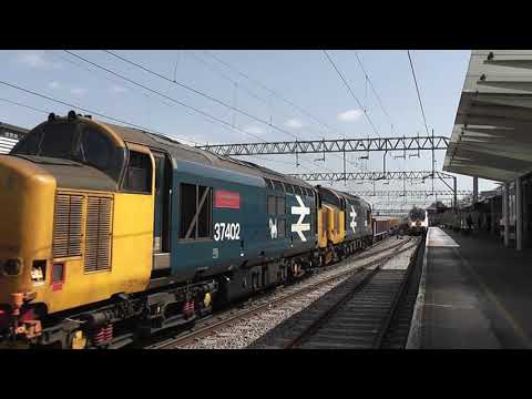 DRS Large Logo Class 37's 37402 + 37407 with 1500+ tons in tow hammer through Colchester 21/4/2021
