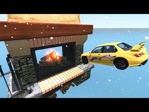 Jumping Cars Over Burning Fireplace - BeamNG.Drive