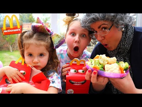 McDonald's drive thru Greedy Granny Joke on Kids with Vegetables! Pretend Play