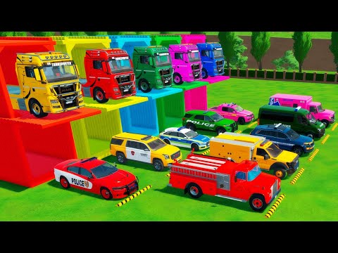 TRANSPORTING ALL POLICE CARS and AMBULANCE EMERGENCY VEHICLES WITH MERCEDES POLICE TRUCKS! | FS22