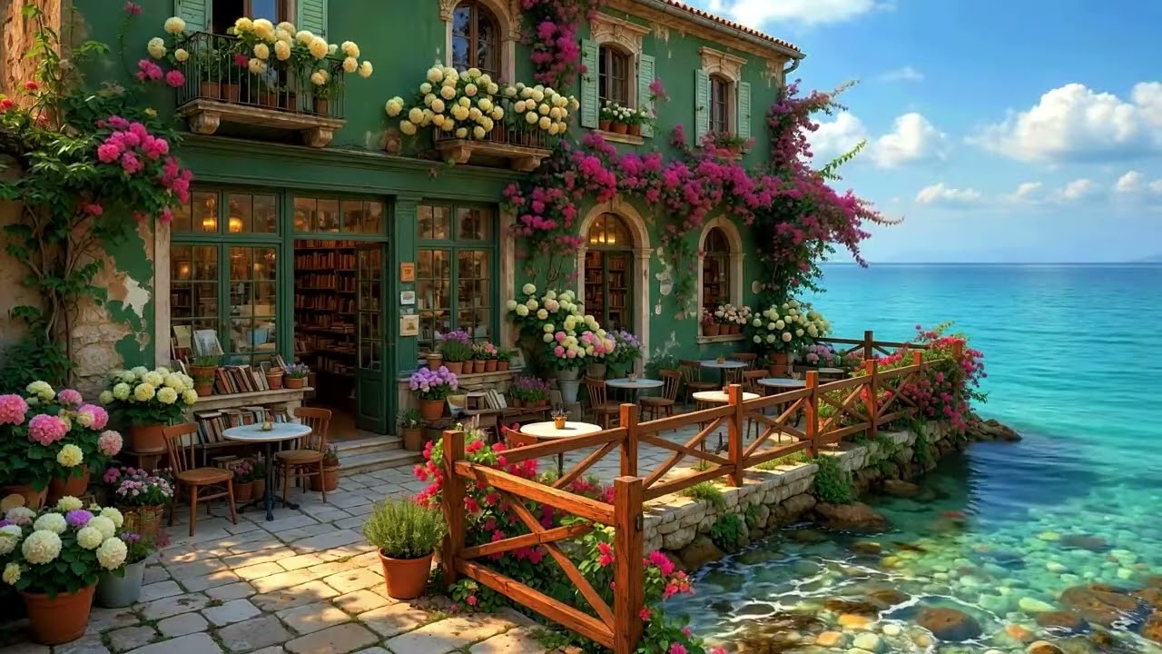 Seaside Cafe Ambience - Bossa Nova Music with Ocean Wave Sounds for Work, Study & Stress Relief🍀