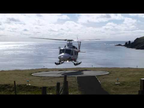 Atlantic Airways Helicopter taking off from Mykines Island Heliport