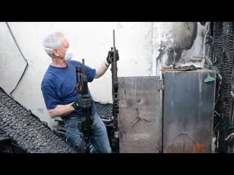 Gun safe fully engulfed in warehouse fire.