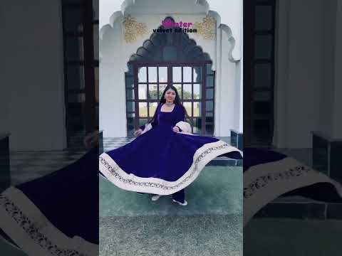 Blue Premium Viscos Velvet Embroidered Straight-Cut Anarkali Suit Set with Sanderi Silk Dupatta – Full-Sleeve Designer Ethnic Wear for Women