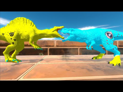 CAPTAIN AMERICA T-REX vs JOKER SPINOSAURUS vs BUMBLE BEE SPINOSAURUS DEATH RUN - Animal Revolt