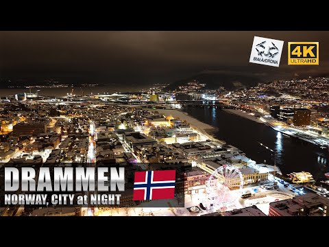 Drammen, Norway, city at night 2024 , drone flight 4k