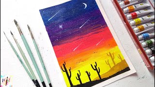 Easy Acrylic Sunset Desert Landscape Painting / Night Sky Cactus Desert Painting / Paint It