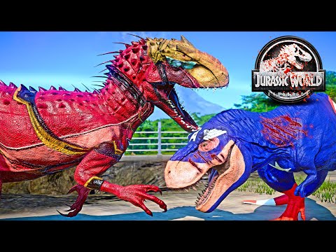 IRON MAN I-REX vs CAPTAIN AMERICA, RED HULK T-REX, BATMAN Dinosaurs Fight 🌍 JURASSIC WORLD EVOLUTION