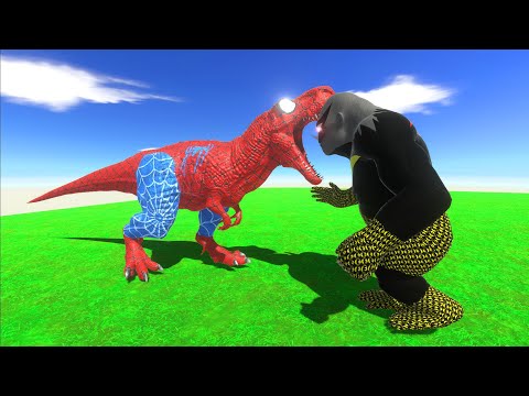 4x SPIDERMAN T-REX vs 4x BATMAN GORO vs 3x SHAZAM SPINO - Animal Revolt Battle Simulator ARBS