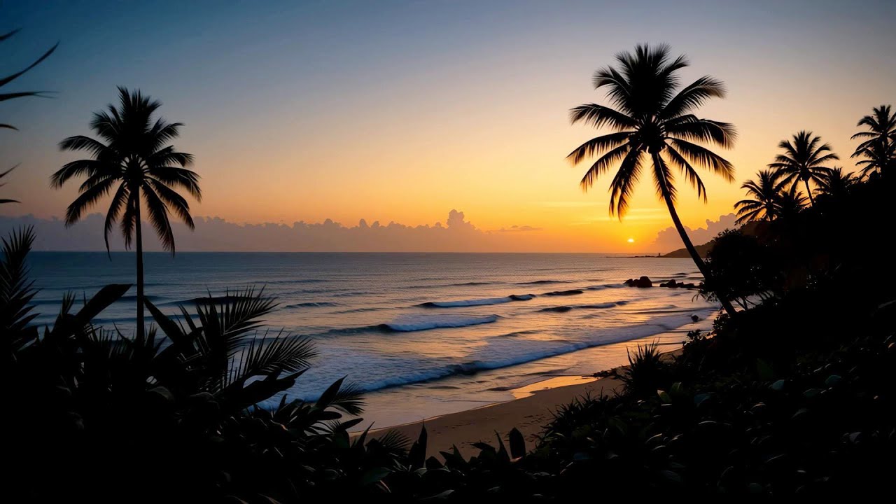 Golden Hour Paradise: Tropical Beach Sunset & Palm Trees
