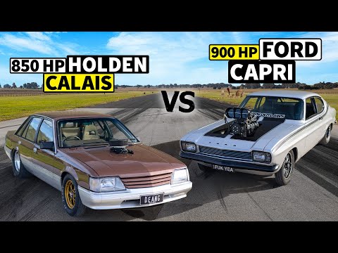 Thumbnail for Aussie Burnout Cars Drag Race! 850hp Holden VK Calais vs 900hp Ford Capri by Holden Calais
