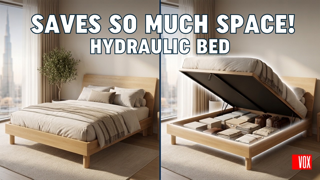 A 3D product animation showcasing the VOX OMM light oak double bed frame, demonstrating its adjustable slat base, upholstered headboard custom options, and hidden hydraulic storage compartment opening up