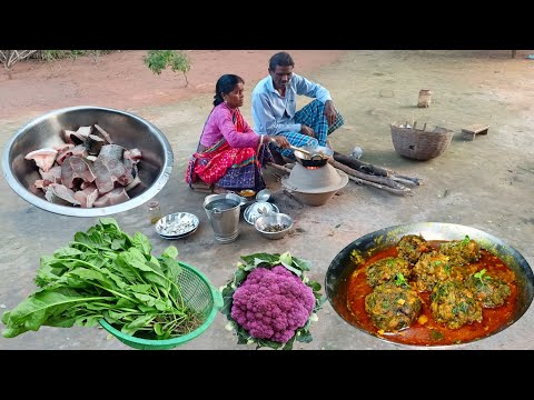 how to cook BOILED FISH recipe and PALONG SHAK BORA curry cooking andeating by village mother father