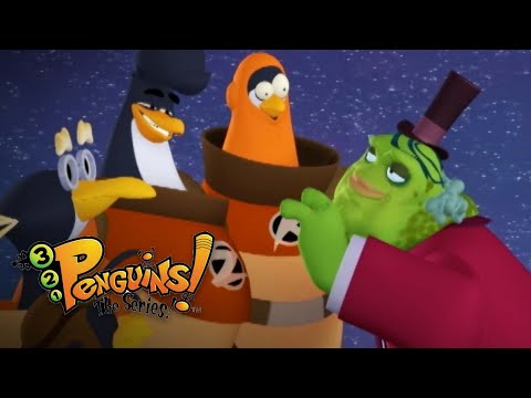 Three penguins and a green frog in colorful outfits pose together in a starry background, for a Penguins! The Series promo.