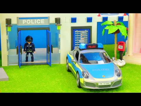 Polizeiautos im Einsatz | Feuerwehrautos,Bagger und LKW bei der Spielzeug Playmobil Polizeistation