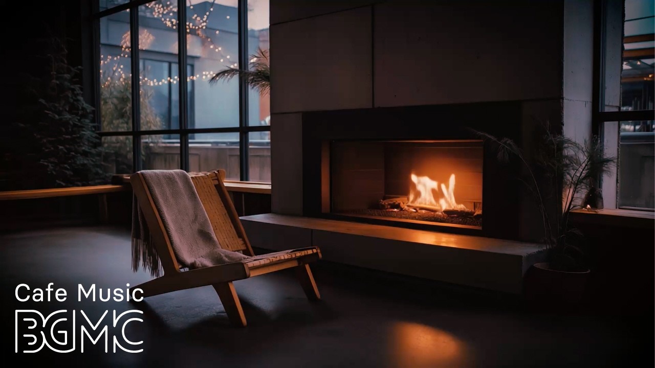4K Cozy Winter Cafe with Slow Bossa Nova & Crackling Fireplace | Background Music for Sleep & Study