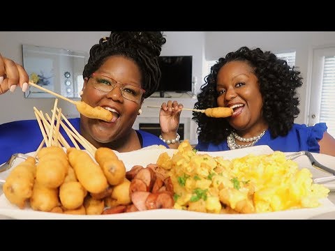 SAUSAGE CORNDOGS BREAKFAST 먹방 MUKBANG + RECIPE WITH MY SISTER
