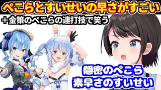 ぺこらとすいちゃんの早さがすごいと語るスバル＋金策マイクラで株購入時のぺこらとねねの連打技について【ホロライブ切り抜き/大空スバル/星街すいせい/兎田ぺこら】