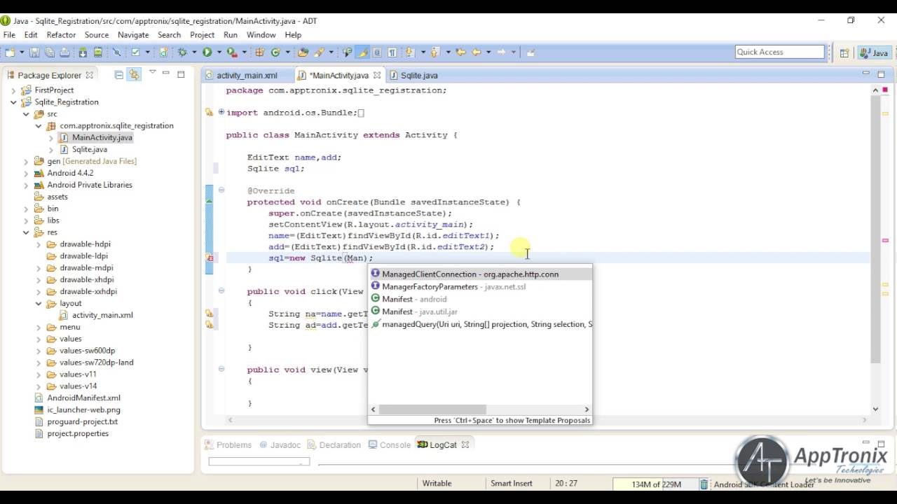 Android – Creating Registration Page using SQLITE Database