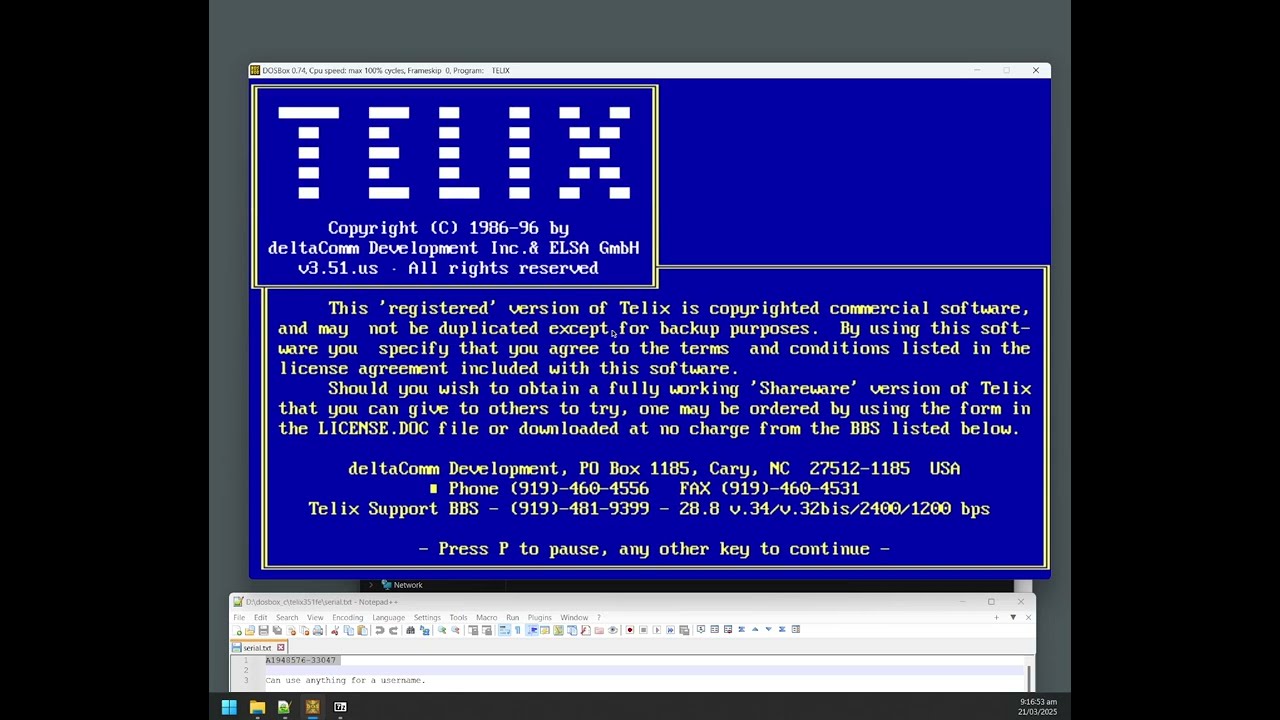 How to register Telix 3.51 terminal emulator for DOS
