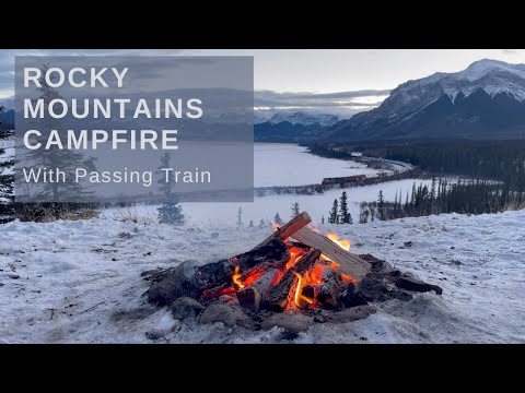 Rocky Mountains Campfire in Winter With Passing Train Outdoor Fireplace with Crackling Fire Sounds