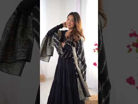 Black Elegant Festive Pure Romansilk Chanderi Anarkali Suit with Banarasi Dupatta