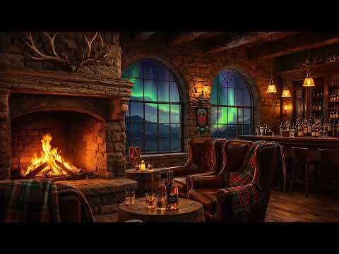 Scottish Highland Pub 🏴󠁧󠁢󠁳󠁣󠁴󠁿 Northern Lights Aurora | Fireplace & Celtic Music | 4+ Hours Sleep