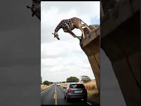 A giraffe is jumping down from large rock