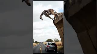 Une girafe saute d'un gros rocher.
