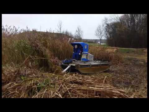 Mähboot frisst sich durch Schilf am Nürnberger Flughafen