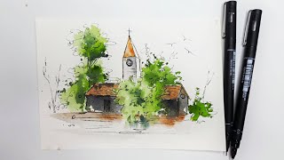 Simple Ink & Watercolor Sketch (Beginner Friendly /relaxing Asmr painting 