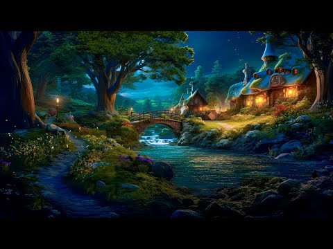 Hobbit Village Ambience🌙Night Time In The Shire, Relaxing Stream, Crickets, Frogs & White Noise