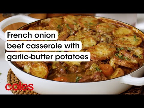 French onion beef casserole with garlic-butter potatoes